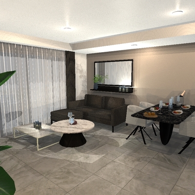 シックな色合いでまとめた大人が集うアーバンモダンなリビング空間
