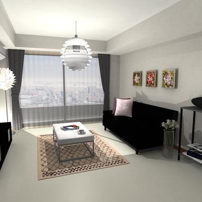 モノトーンに色と光の華やかさを加えたインテリア