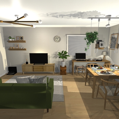 スッキリ広々見えてもホッと落着く温かさを感じるグリーンの映えるナチュラルインテリア