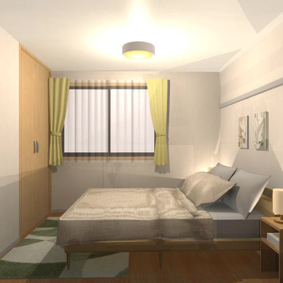 木の温もりを感じるシンプルなモダンインテリア
～グリーンとホワイトの映える明るくリラックスできるベッドルーム