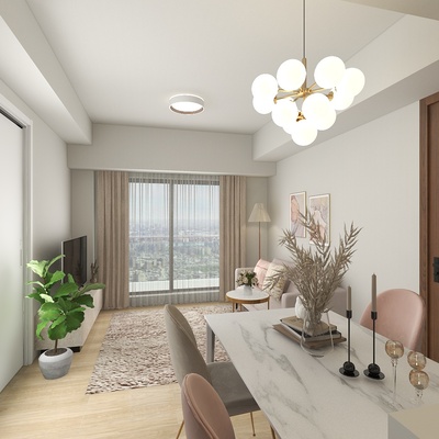 ルクリュカラーとゴールドの組み合わせで演出するエレガントリビングダイニング