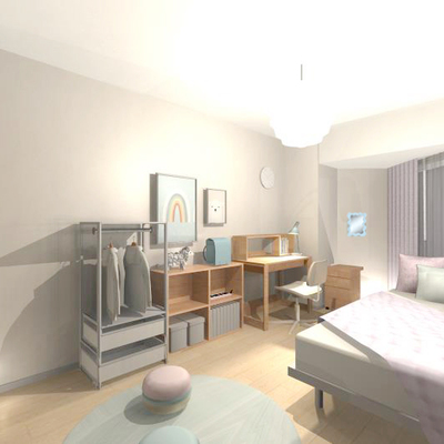 水色とパープルに囲まれたお気に入りの空間
～動線に添った収納計画で、一人でもお片付けしやすいお部屋～