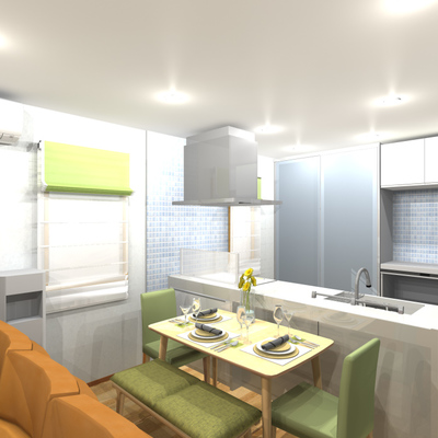 ライトグリーンをアクセントとした爽やかナチュラルインテリア～お食事の場と寛ぎの場を分けたメリハリリビングダイニング